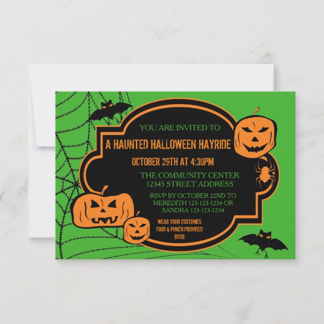 Gerahmt Green/Orange Pumpkin - 3x5 Halloween Einla Einladung (Vorderseite)