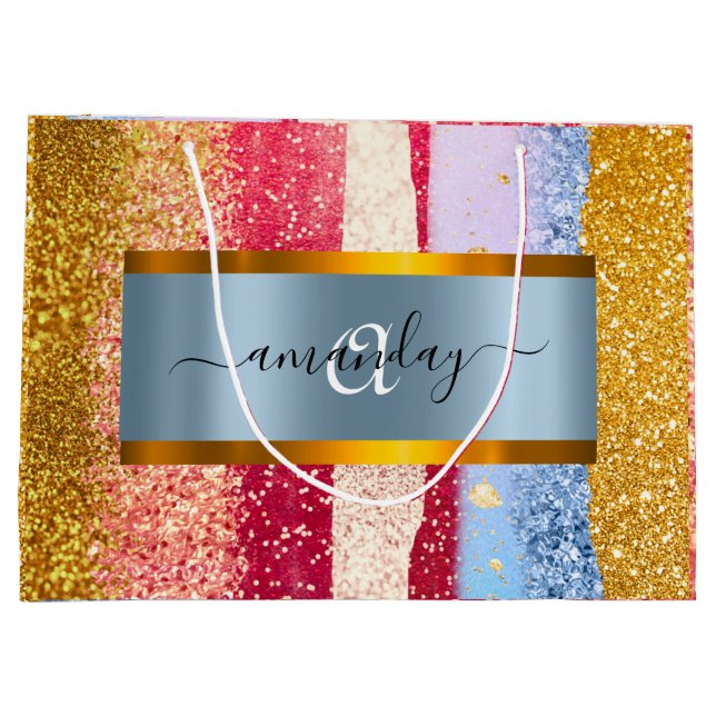 Gerahmt Royal Monogram Golden Glitzer Pink VIP Große Geschenktüte (Rückseite)