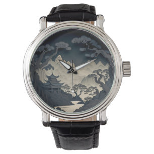 Gerahmte 3D-Chinesische Landschaft Grau Beobachtun Armbanduhr