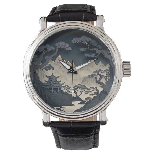 Gerahmte 3D-Chinesische Landschaft Grau Beobachtun Armbanduhr (Vorderseite)