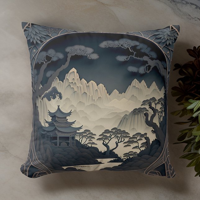 Gerahmte 3D Chinesische Landschaft Gray Throw Kiss Kissen (Cozy up with this beautiful pillow for ultimate comfort. )