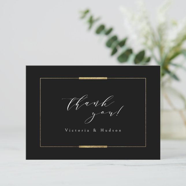 Gerahmte Eleganz Schwarz Moderne Hochzeit Dankeskarte (Stehend Vorderseite)