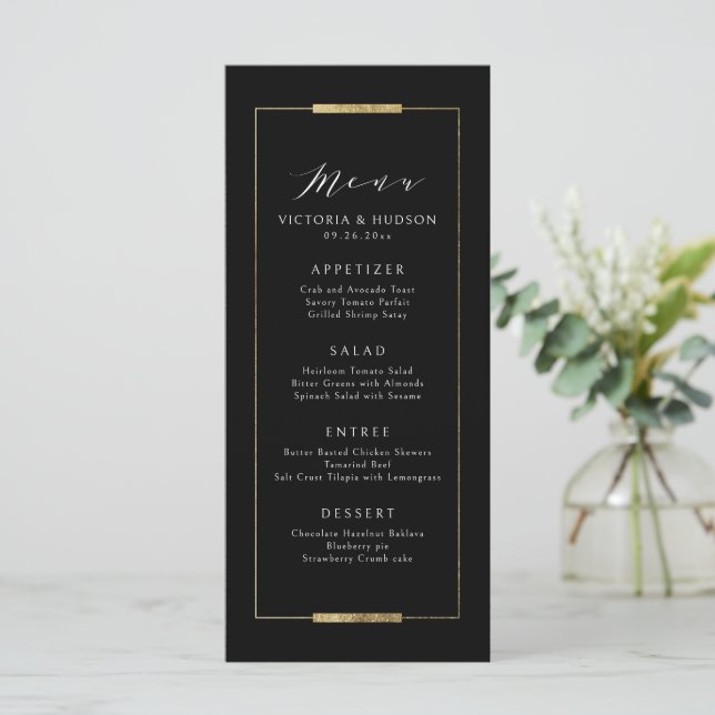 Gerahmte Eleganz Schwarz Moderne Hochzeit Menükarte (Stehend Vorderseite)