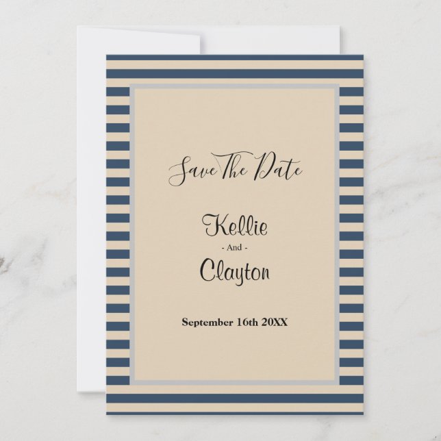 Gerahmte Hochzeit mit klassischen blauen Streifen Save The Date (Vorderseite)