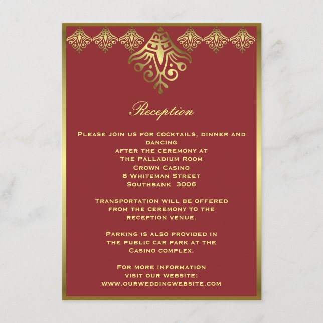 Gerahmte Hochzeitsempfehlung in Rot und Gold Begleitkarte (Vorderseite)