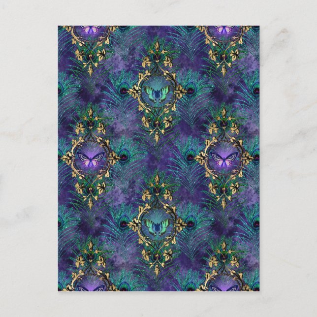 Gerahmte Schmetterlinge und Pfauenfedern Postkarte (Vorderseite)