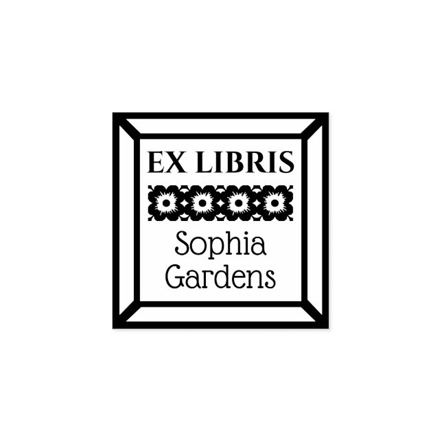 Gerahmter floraler Ex Libris Gummistempel (Prägung)
