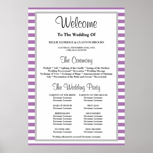 Gerahmtes Hochzeitsprogramm für lila/weiße Streife Poster (Vorne)