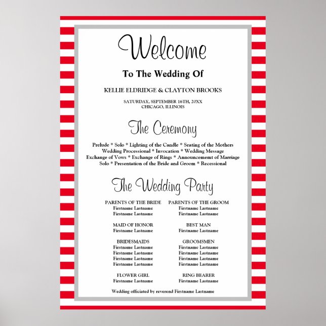 Gerahmtes Hochzeitsprogramm für Rot/Weiß Streifen Poster (Vorne)