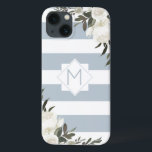 Gerahmtes Monogramm, blau gestreift, blau, blau, b Case-Mate iPhone Hülle<br><div class="desc">Weiße Blütenstaub Gerahmt gestrichen Monogram Design. Trendy und stilvoll, fügen Sie einfach Ihren personalisierten Anfangsbuchstaben hinzu. Macht ein modernes und elegantes Geschenk für sie, Mütter, Großmütter, Tanten, Freundinnen und mehr. Diese feminine Elegant und mädchenhaft aussehende paarweise blaugraue und weiße horizontale Streifen mit Vintagen weißen Rosen, Blume und einem geometrischen Rahmen....</div>