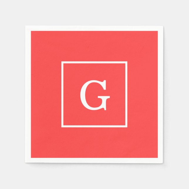 Gerahmtes Monogramm Coral Red White Serviette (Vorderseite)