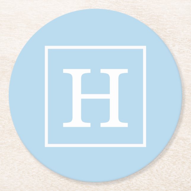 Gerahmtes Monogramm Pulver Blauweiß Runder Pappuntersetzer (Vorderseite)