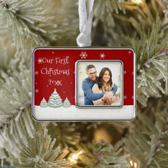 Gerahmtes Ornament mit Snowy Christmas Tree Rahmen-Ornament Silber (Baum)
