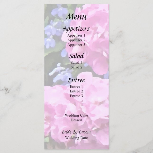 Geranien und Periwinkle Menükarte (Vorderseite)