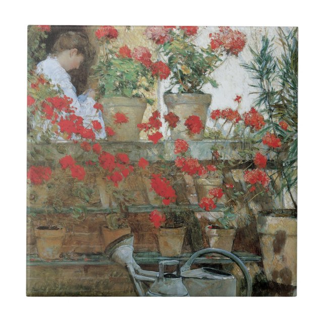 Geranien von Childe Hassam, Vintager Impressionism Fliese (Vorderseite)