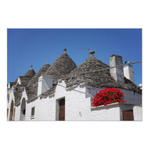 Geranium Blume und Trulli Häuser in Alberobello Fotodruck