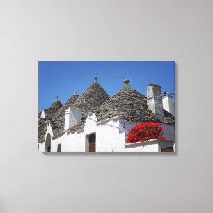 Geranium Blume und Trulli Häuser in Alberobello Leinwanddruck