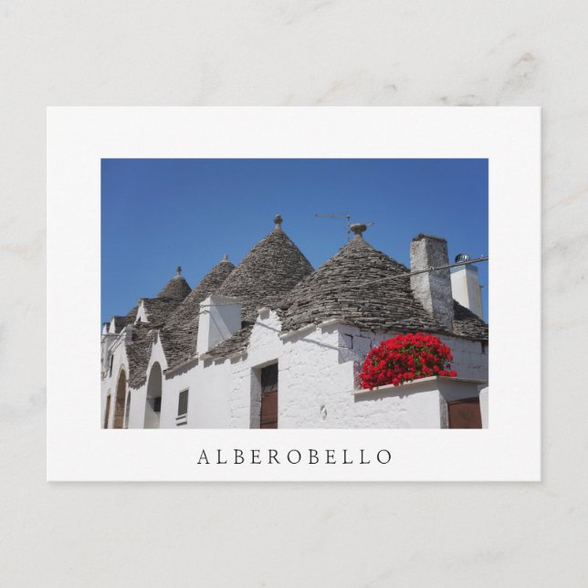 Geranium Blume und Trulli Häuser in Alberobello Postkarte (Vorderseite)