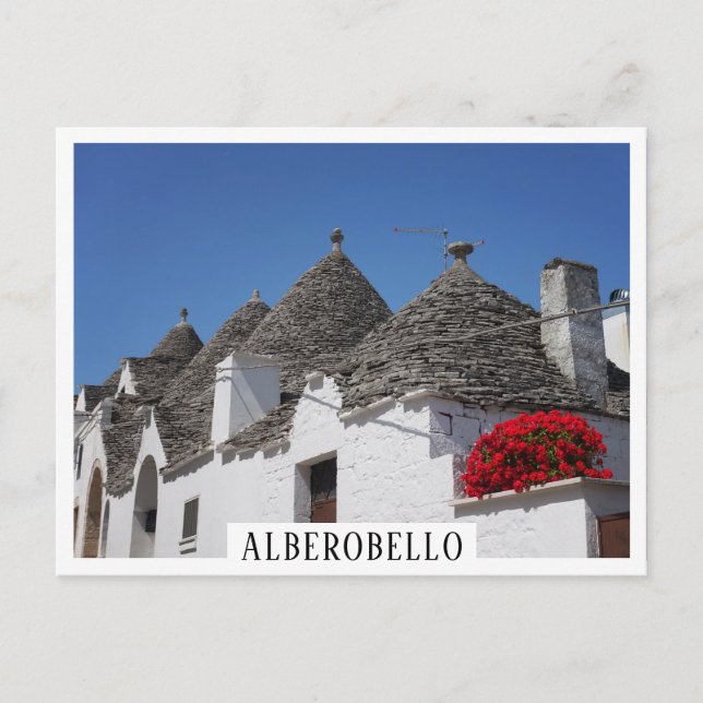 Geranium-Blume und Trulli-Häuser in Alberobello Postkarte (Vorderseite)