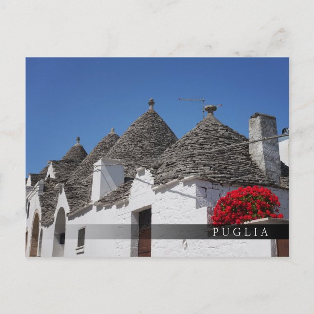 Geranium-Blume und Trulli-Häuser in Alberobello Postkarte (Vorderseite)