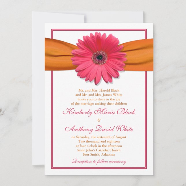 Gerber rose Daisy Orange Ribbon Faire-part de mari (Devant)