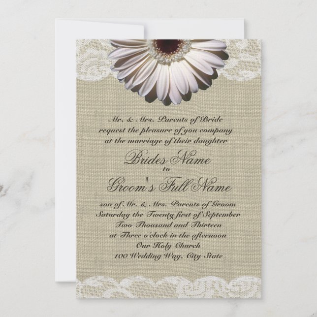 Gerbera Daisy and Lace Country Burlap Wedding Einladung (Vorderseite)