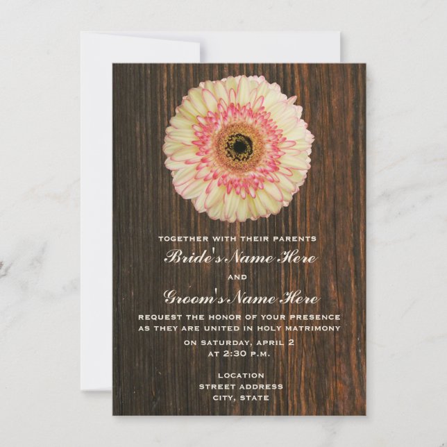 Gerbera Daisy & Barnwood Wedding Einladung (Vorderseite)
