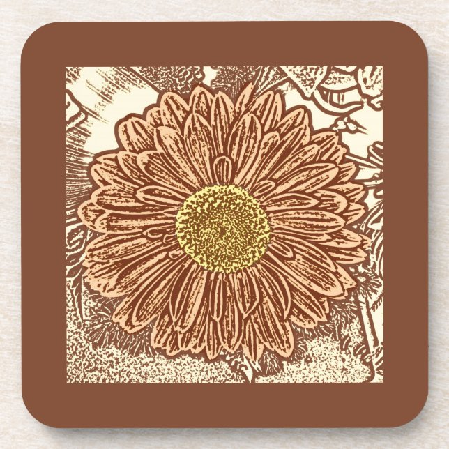 Gerbera Daisy Block Print - braun und braun Untersetzer (Vorderseite)