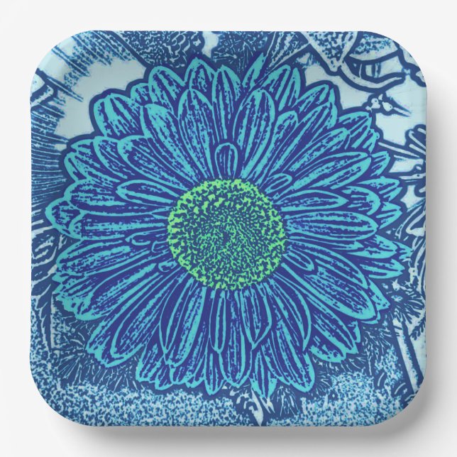 Gerbera Daisy Block Print, Cerulean & Indigo Blue Pappteller (Vorderseite)