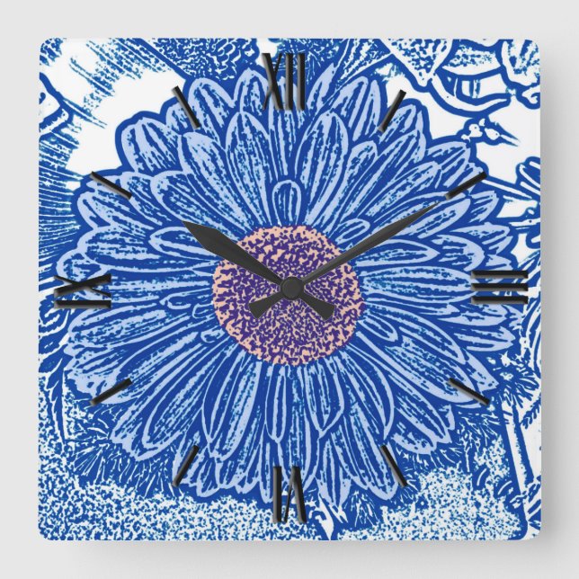 Gerbera Daisy Block Print - cobalt blue Quadratische Wanduhr (Vorderseite)