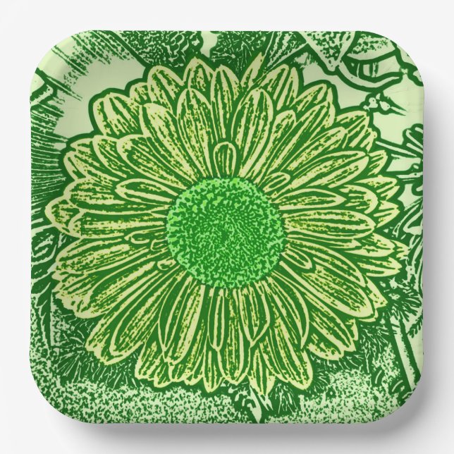 Gerbera Daisy Block Print, Emerald & Lime Green Pappteller (Vorderseite)