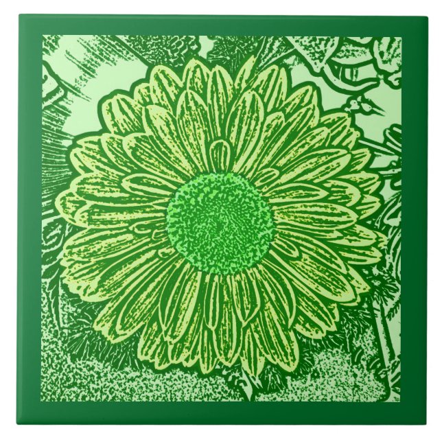 Gerbera Daisy Block Print, Emerald und Lime Green Fliese (Vorderseite)