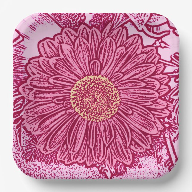 Gerbera Daisy Block Print, Maroon & Pastel Pink Pappteller (Vorderseite)