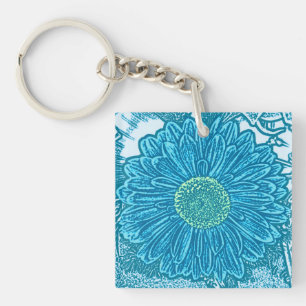 Gerbera Daisy Block Print - Meerblau Schlüsselanhänger