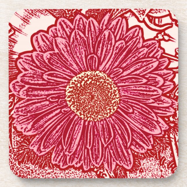 Gerbera Daisy Block Print - rot und rosa Getränkeuntersetzer (Vorderseite)