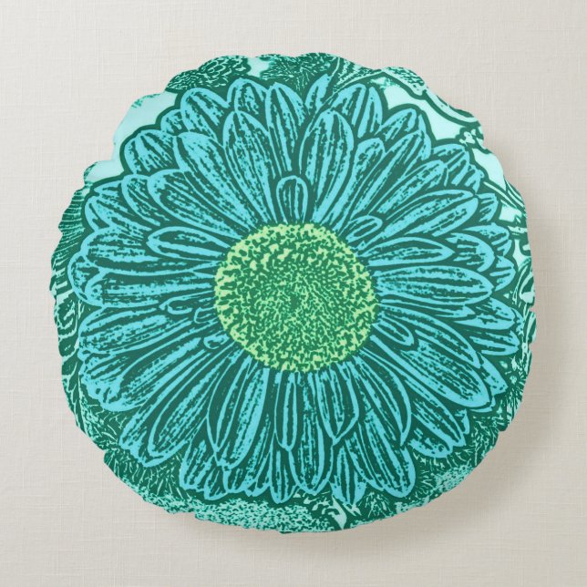 Gerbera Daisy Block Print, Türkis und Aqua Rundes Kissen (Vorderseite)
