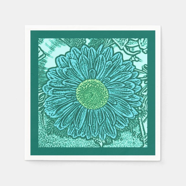 Gerbera Daisy Block Print, Türkis und Aqua Serviette (Vorderseite)