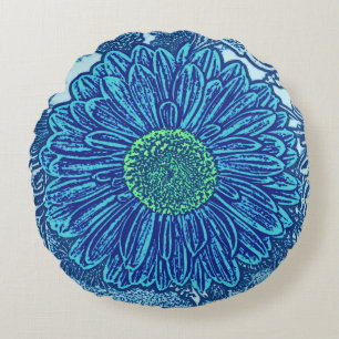Gerbera-Daisy Blockdruck, Cerulean- und Indigoblau Rundes Kissen