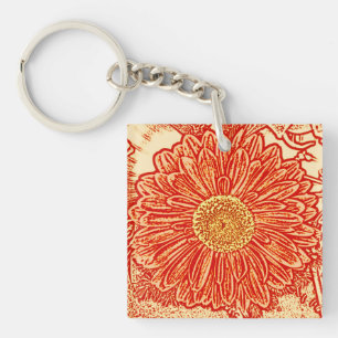 Gerbera-Daisy Blockdruck - Safranorange Schlüsselanhänger