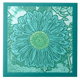 Gerbera-Daisy-Blockdruck, Türkis und Aquamarin  Fliese