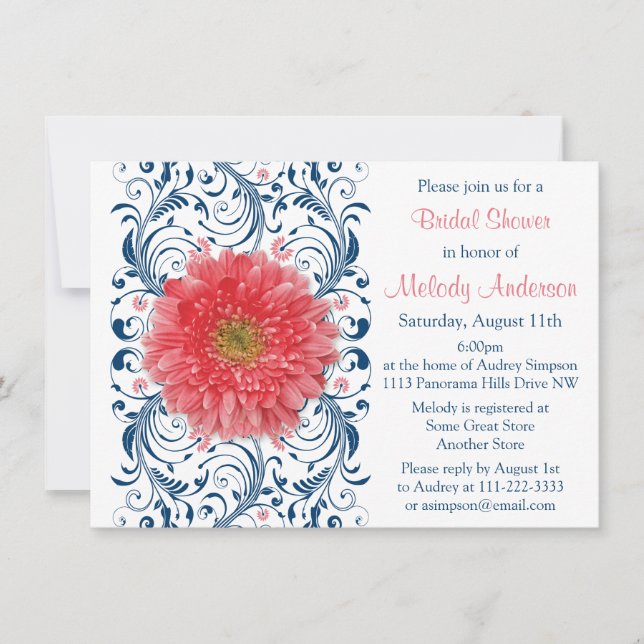 Gerbera Daisy Coral Navy Blue Floral Brautparty Einladung (Vorderseite)