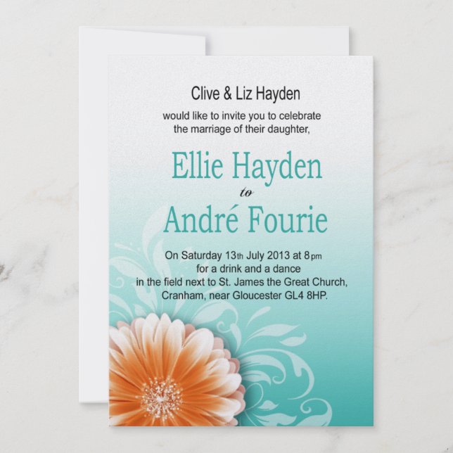 Gerbera Daisy Orange Aqua Abend Einladung (Vorderseite)