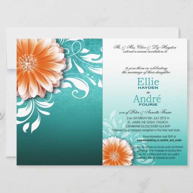 Gerbera Daisy Orange Aqua Pocket Cover Einladung (Vorderseite)