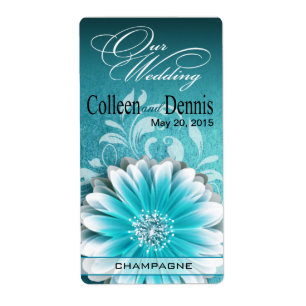 Gerbera Daisy Scroll 1 Étiquette à vin   TURQUOISE