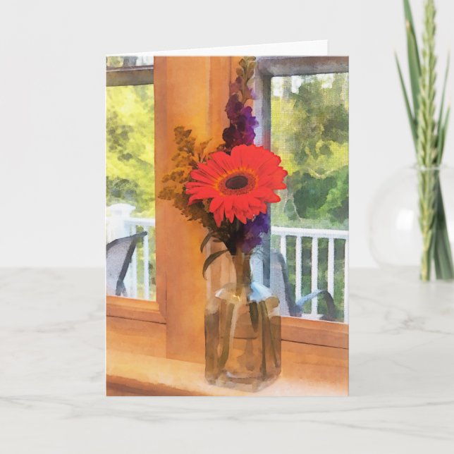 Gerbera-Gänseblümchen durch Küchen-Fenster Karte (Vorderseite)
