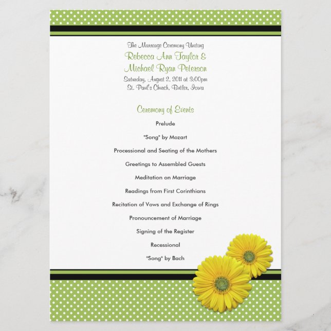 Gerbera Jaune Daisy Polka Programme de mariage (Devant)
