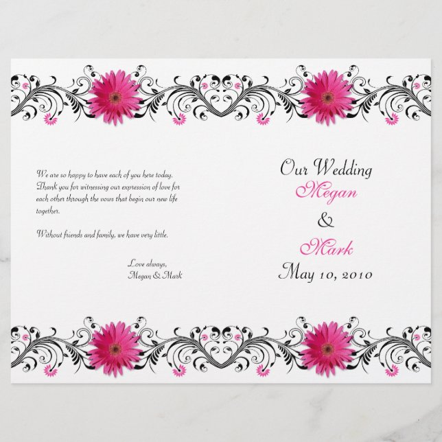 Gerbera Rose Daisy Black Floral Wedding Programme (Devant)