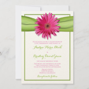 Gerbera rose Faire-part de mariage de ruban vert