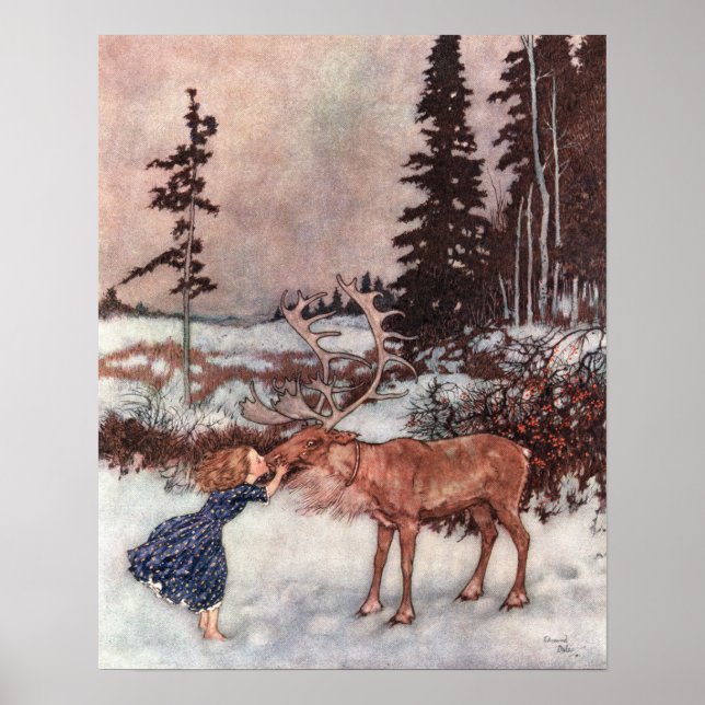 Gerda und Reindeer von Edmund Dulac Poster (Vorne)