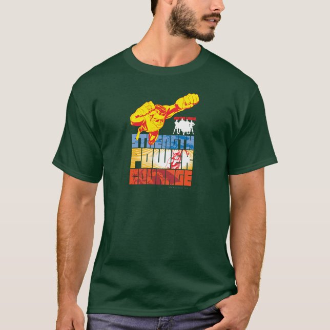 Gerechtigkeitsliga Power. Mut. Zeichen T-Shirt (Vorderseite)